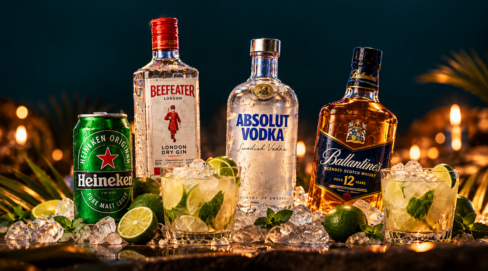 Heineken, Beefeater, Absolut e whisky 12 anos em uma composição de bebidas premium