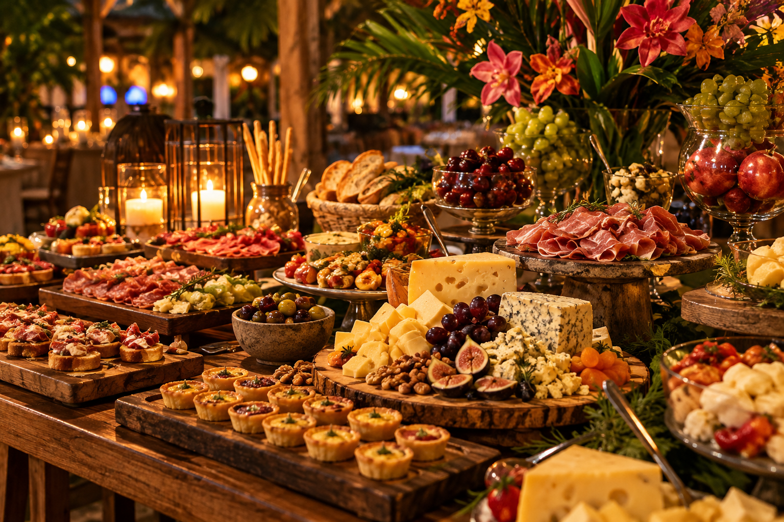 Banquete de frios, frutas e entradas do Open Food Premium em clima de Réveillon